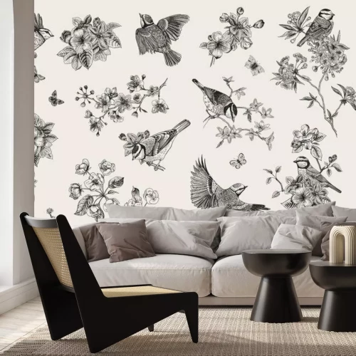 Fotobehang Vintage motief met vogels tussen sierlijke bloemen