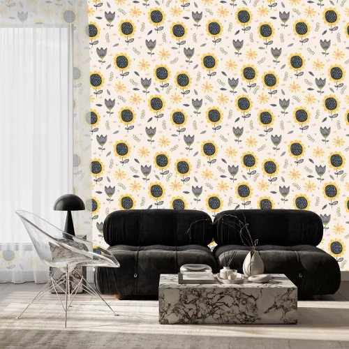 Behang Grafische zonnebloemen in kleur