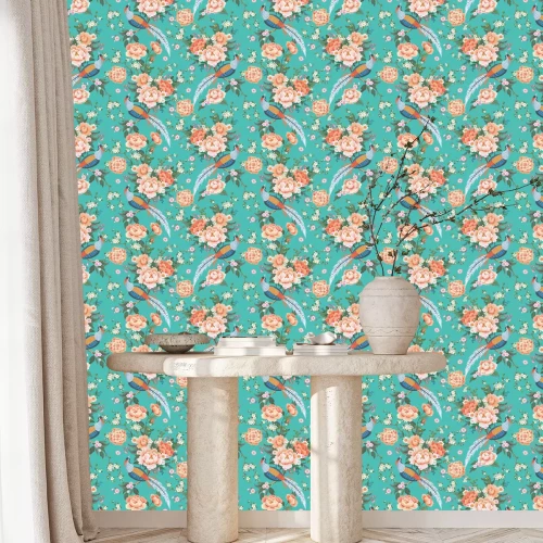 Behang Roze grafische bloemen en kleurrijke vogels