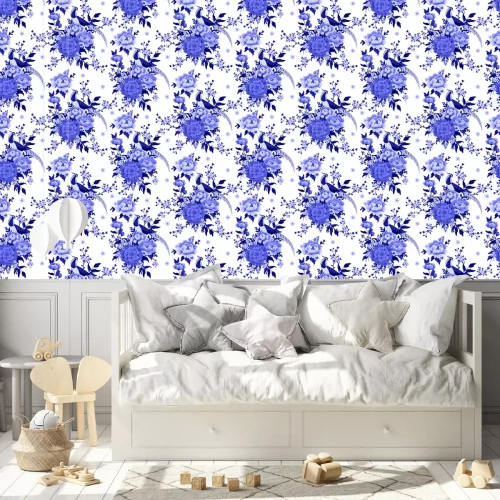 Behang Beautiful seamless pattern with diamond pheasant sitting on peony branch with blooming sakura,plum and daisies for summer dress in Chinese style