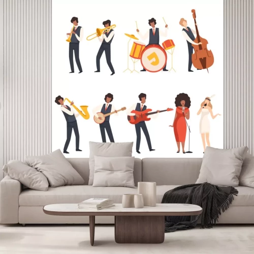 Sticker Jazz Band Group, Musicians Singing and Playing Trumpet, Banjo, Saxophone, Trombone, Drums, Guitar, Double Bass, Vector Illustration