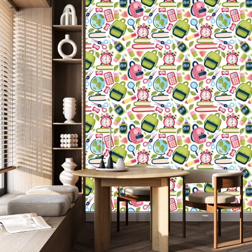 Behang Patroon met schoolbenodigdheden op witte achtergrond