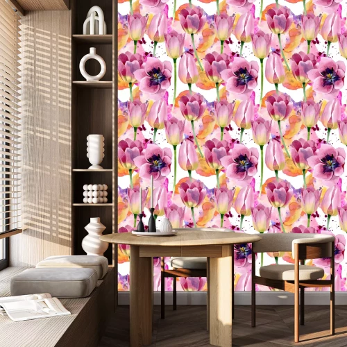 Behang Roze tulpen geschilderd in aquarel