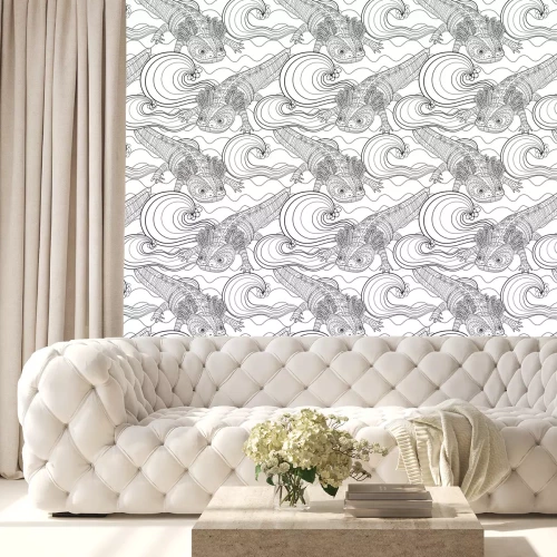 Behang Black and white seamles oceanic pattern for coloring.