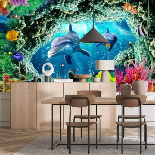 Fotobehang Dolfijnvissen en oceaankoraalrif