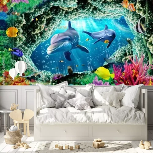 Fotobehang Dolfijnvissen en oceaankoraalrif