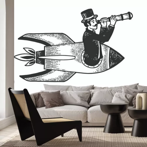 Sticker Old fashioned gentleman flies in rocket and looks through telescope sketch engraving vector illustration. Scratch board style imitation. Black and white hand drawn image.