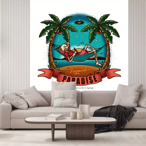 Sticker Original vector illustration in vintage style. Skeleton lying in a hammock with a bottle of beer in his hands, against the palm trees, the sea.