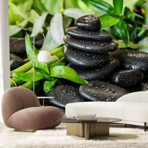 Fotobehang Zwarte stenen en bamboe