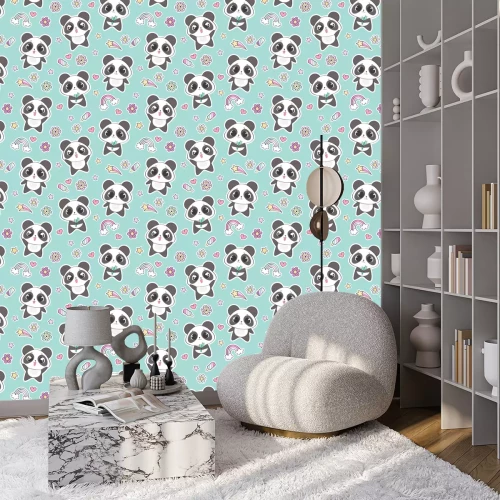 Behang Leuke panda's en bloemen