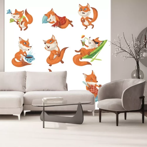 Sticker Set of cute colorful fox character in different actions