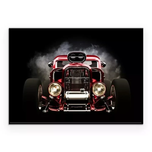 Poster Rode hot rod in rook tegen een zwarte achtergrond