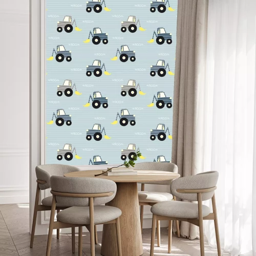 Behang Seamless pattern with bulldozer. Kids funny textile print. Vector hand drawn illustration.