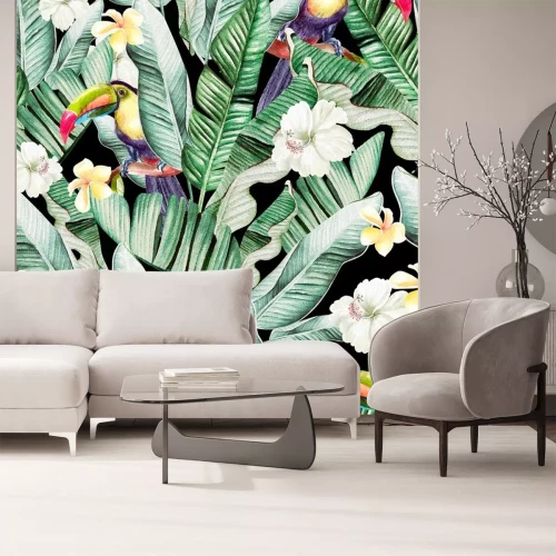 Sticker Toekans tussen tropische bananenbladeren