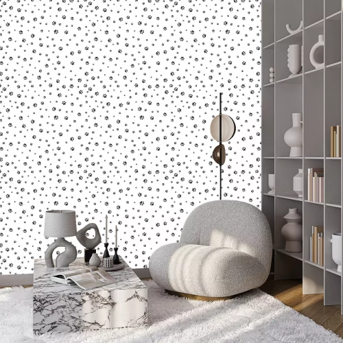 Behang Trace black doodle paw prints seamless pattern background