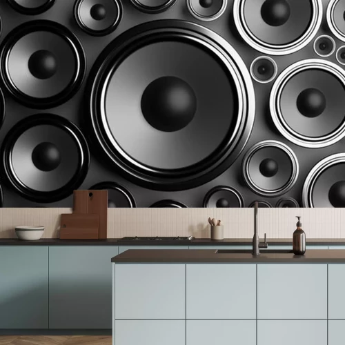 Sticker Multiple various size black Loudspeakers background. 3d illustration