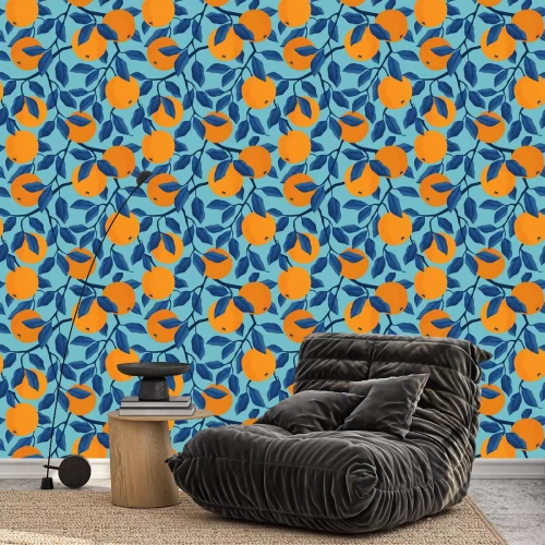 Behang Oranje fruit aan de boom in blauw