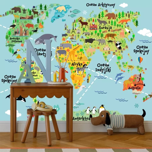 Fotobehang Wereldkaart voor kinderen met dieren