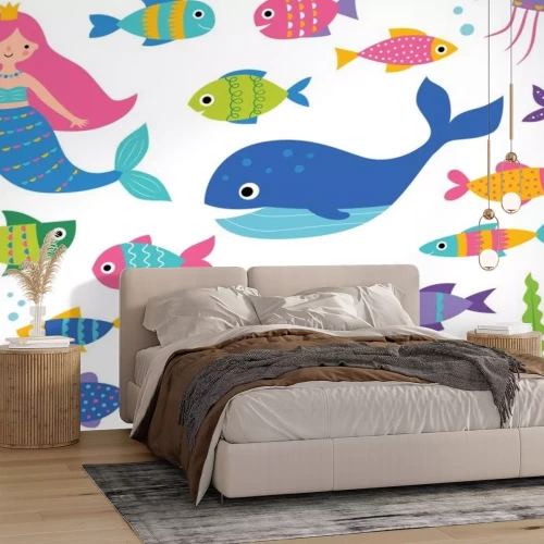 Sticker Isolated set  with a mermaid, a whale, fishes and underwater elements