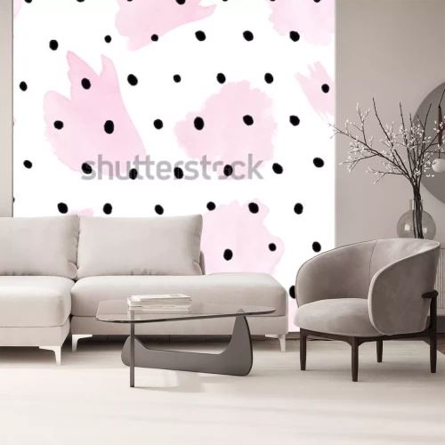 Sticker Naadloos patroon - Aquarel roze lijnen op zwarte polka dots -