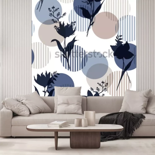Sticker Monotoon in blauw Vector botanisch silhouet bloemen naadloos patroon op moderne kleurrijke streepstip, gevoelig bloembehang, wilde bloemen