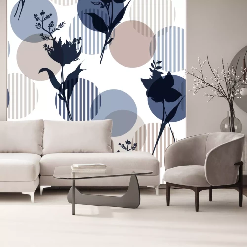 Sticker Monotoon in blauw Vector botanisch silhouet bloemen naadloos patroon op moderne kleurrijke streepstip, gevoelig bloembehang, wilde bloemen