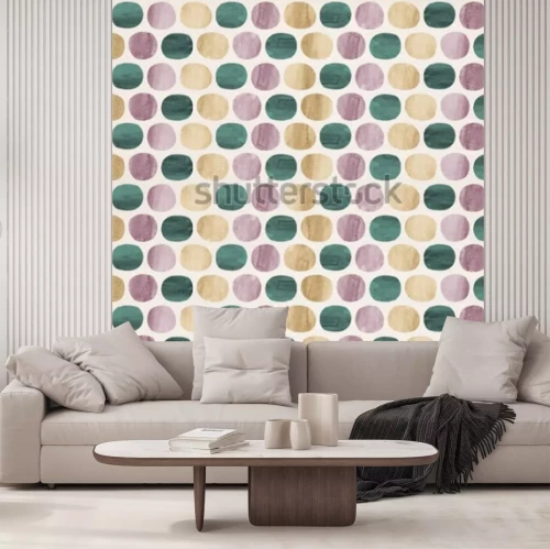 Sticker Abstract grafisch patroon van stippen en ovalen in orchidee paarse, gouden gele en jade groene aquarel vormen op crème papier geweven papier achtergrond.