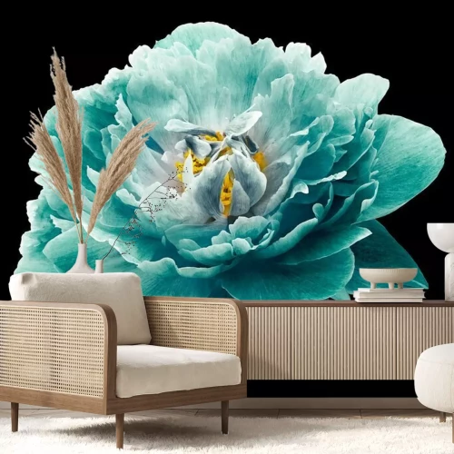 Fotobehang Turquoise pioenroos op een zwarte achtergrond