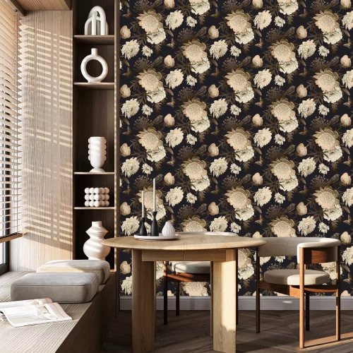 Behang Gouden imitatie bloemen en bladeren