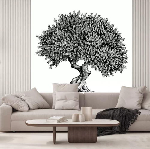Sticker Zwart-wit tekening van een dichte olijfboom
