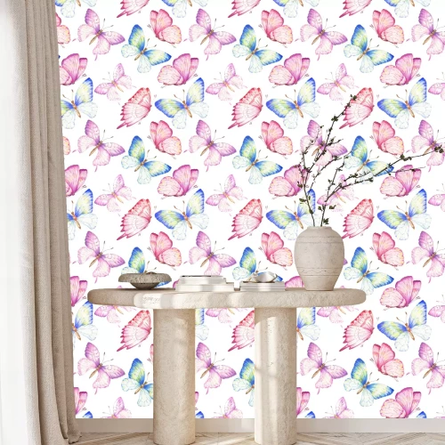Behang Gevoelige roze en blauwe vlinders