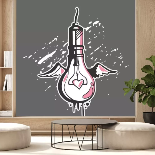 Sticker Light bulb concept in graffiti style with wings and heart, vector illustration.
