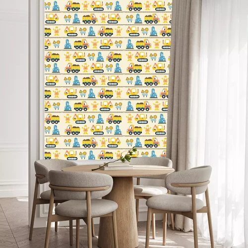 Behang vector cartoon seamless pattern with construction vehicles, construction signs, worker uniform, buildings.