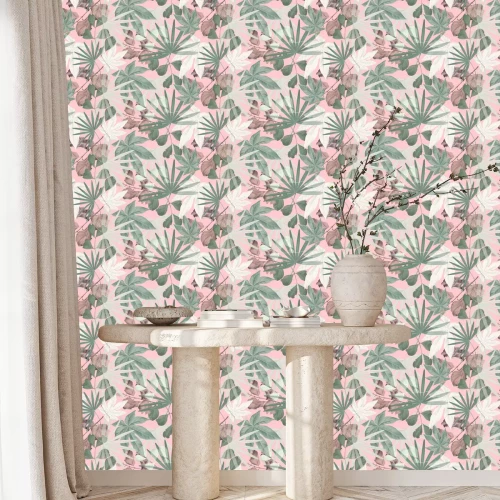Behang Pastel tropische bladeren op een roze achtergrond