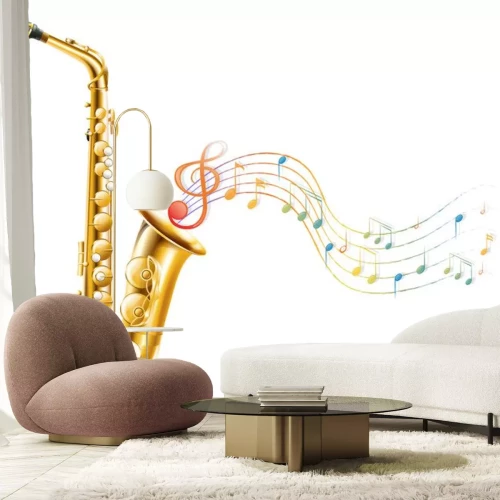 Sticker Een gouden saxofoon met muzieknoten