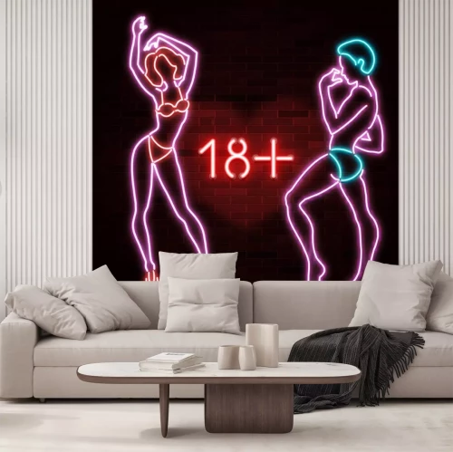 Sticker 18+ banner with neon silhouette of sexy man and woman figures, beautiful silhouettes, nightclub, striptease, sex shop advertisement, vector illustration