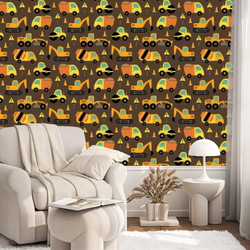 Behang seamless pattern with work trucks - vector illustration, eps