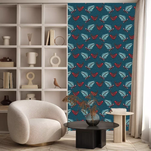 Behang Seamless pattern. Hand drawn Christmas robin bird background. Frosty fir snowflakes all over print. Winter holidays wrap paper. Festive winter illustration. Traditional yule home decor. Vector swatch