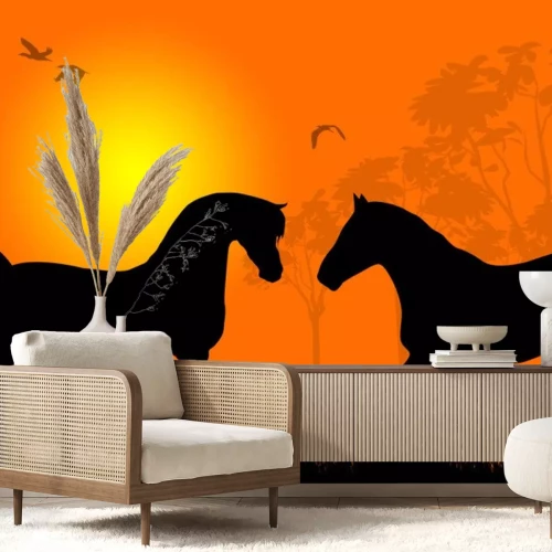 Sticker Twee paarden bij zonsondergang achtergrond vector illustratie