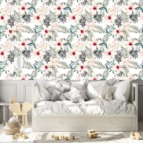 Behang Tropische hibiscusbloemen en palmbladeren