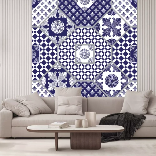 Sticker Vector naadloze lapwerkachtergrond van donkerblauwe en witte ornamenten, geometrische patronen, gestileerde bloemen en bladeren