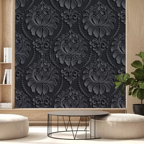 Sticker Vector donkere damast naadloze patroon achtergrond. Elegante luxe textuur voor achtergronden, achtergronden en pagina opvulling. 3D-elementen met schaduwen en hoogtepunten. Papier gesneden.