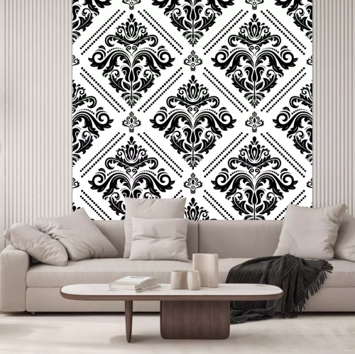 Sticker Damast vector klassiek zwart-wit patroon. Naadloze abstracte achtergrond met herhalende elementen