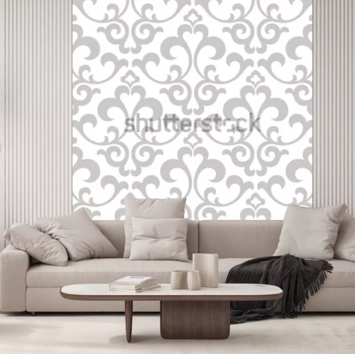 Sticker Behang in de stijl van barok. Een naadloze vectorachtergrond. Grijze en witte textuur. Bloemen versiering. Grafisch vectorpatroon.