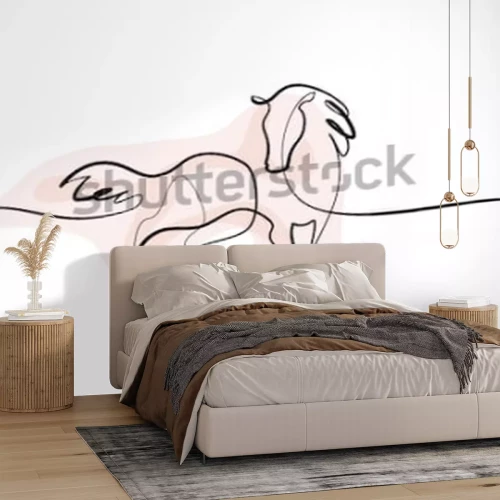 Sticker Paard silhouetteert lijntekeningen en roze vlek als achtergrond