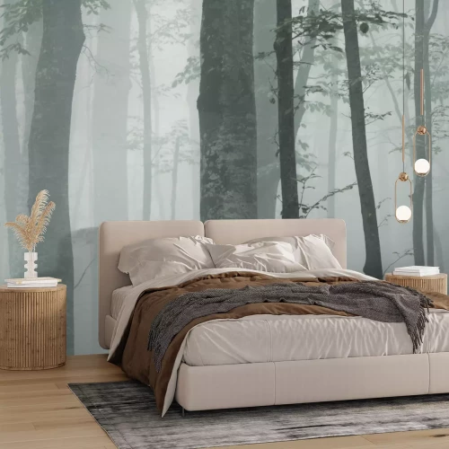 Sticker Beukenboomstammen in dichte mist