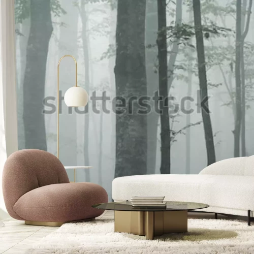 Sticker beukenboomstammen in dichte mist