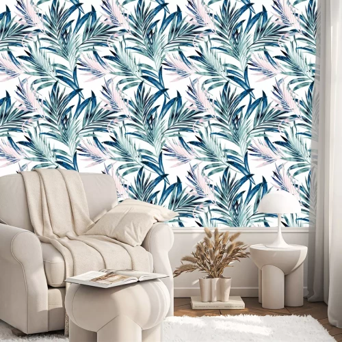 Behang Blauwe palmbladeren