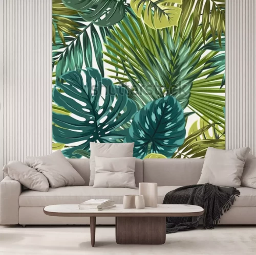 Sticker Tropische monstera van de regenwoudpalm verlaat camouflage naadloze patroontextuur. Heldergroen turkoois blauw op beige achtergrond. Vakantie vakantie paradijs eiland. Botanische vector ontwerp illust
