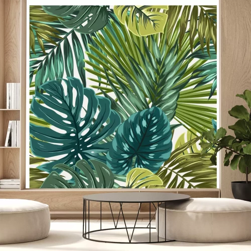 Sticker Tropische monstera van de regenwoudpalm verlaat camouflage naadloze patroontextuur. Heldergroen turkoois blauw op beige achtergrond. Vakantie vakantie paradijs eiland. Botanische vector ontwerp illust